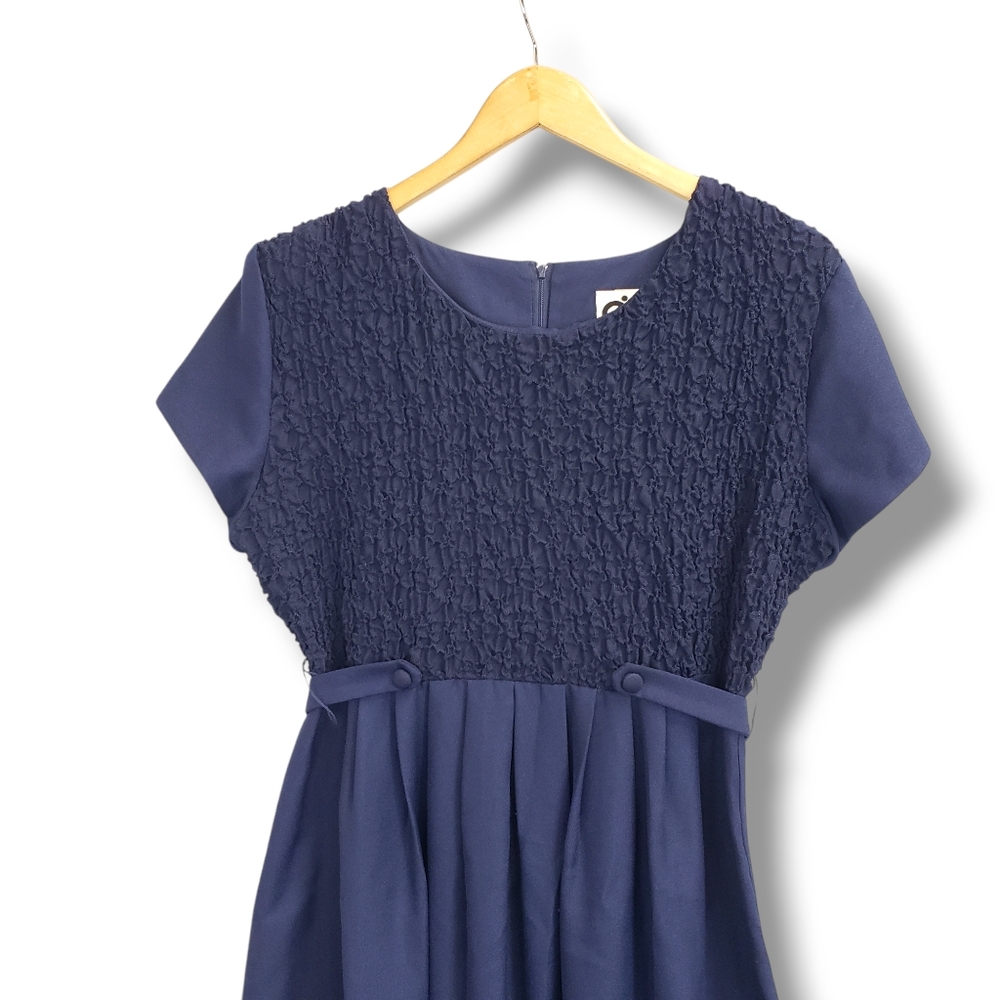 Vintage EJM Navy Blue Textured Belted Midi Dress Size 10 - Picture 2 of 10
